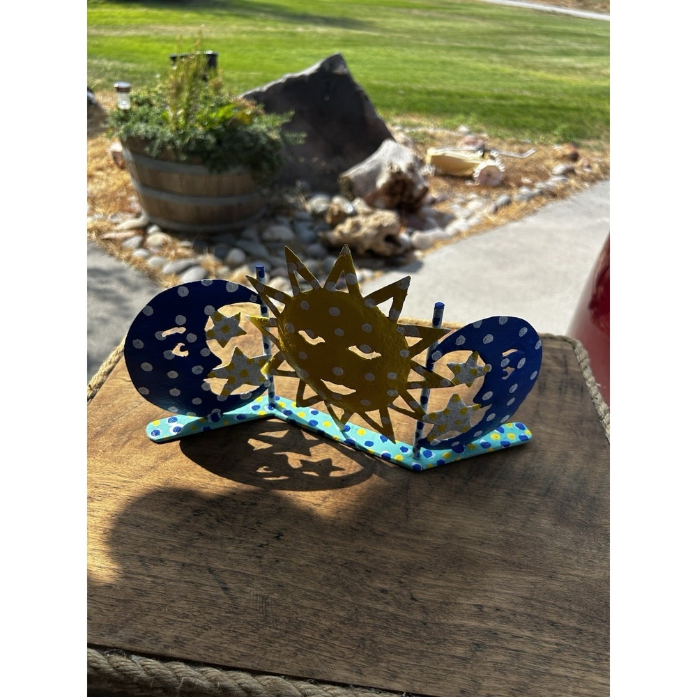 Handmade Folk Art Celestial Sun Moon Stars Painted Wood Tabletop Decor 13"